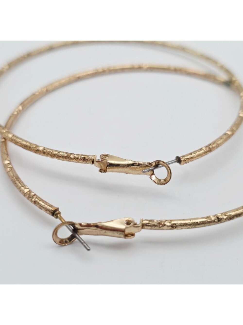 Textured Gold-Tone Metal Hoop Earrings With Lever Back Closure - 3 Inch Diameter - Picture 4 of 6